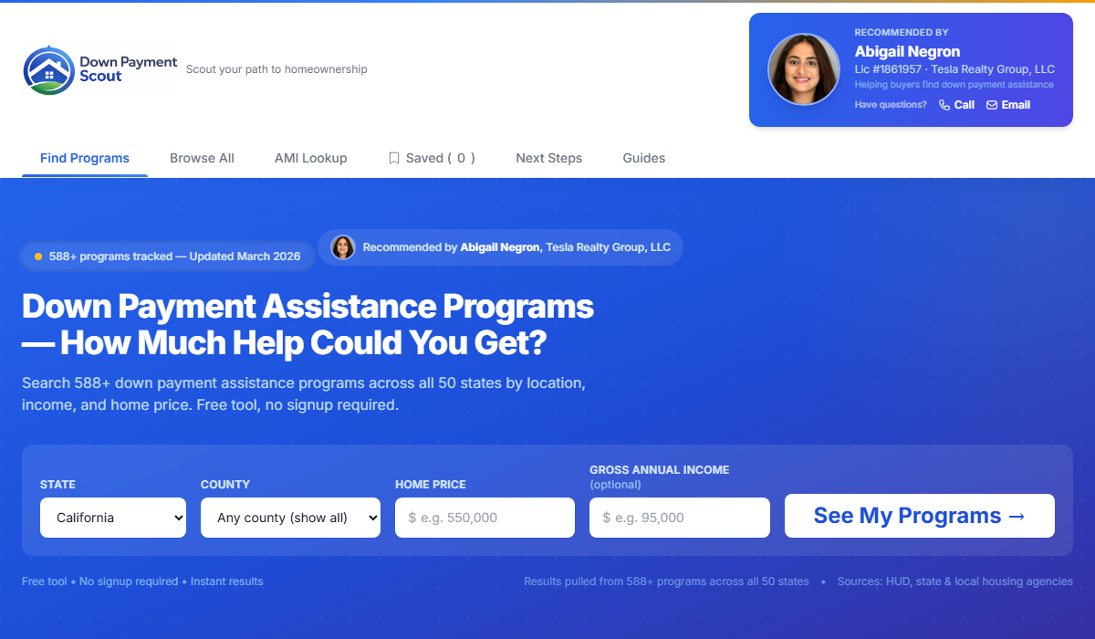 Example of a realtor's branded Down Payment Scout page showing Abigail Negron's name, photo, and license